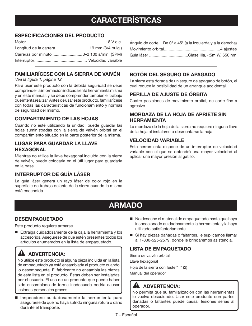 Características, Armado | Ryobi P521 User Manual | Page 27 / 36