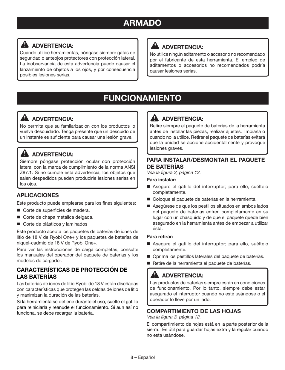 Armado, Funcionamiento | Ryobi P521 User Manual | Page 28 / 36