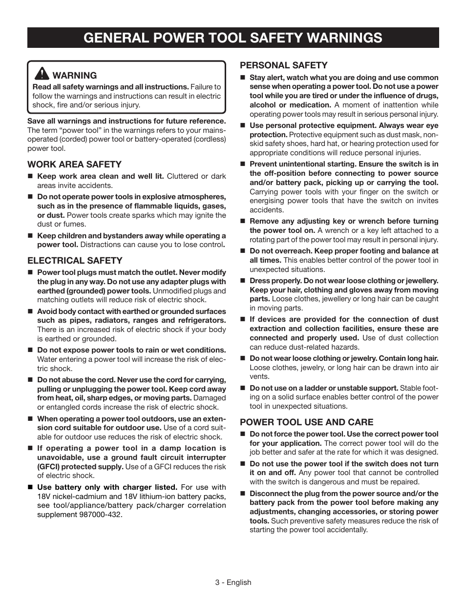 General power tool safety warnings | Ryobi P521 User Manual | Page 3 / 36