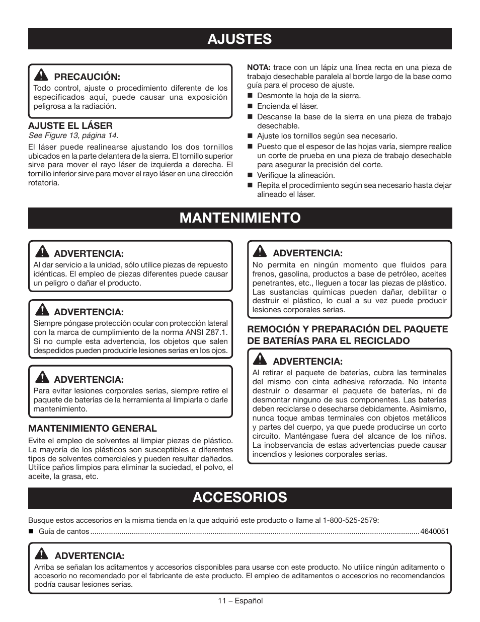 Ajustes, Mantenimiento, Accesorios | Ryobi P521 User Manual | Page 31 / 36