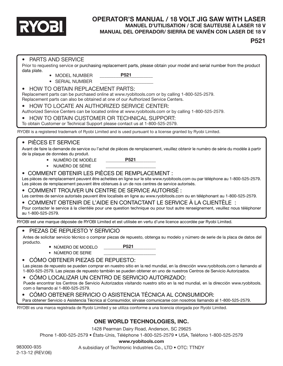Operator’s manual / 18 volt jig saw with laser, P521 | Ryobi P521 User Manual | Page 36 / 36