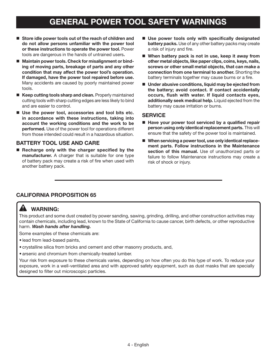 General power tool safety warnings | Ryobi P521 User Manual | Page 4 / 36