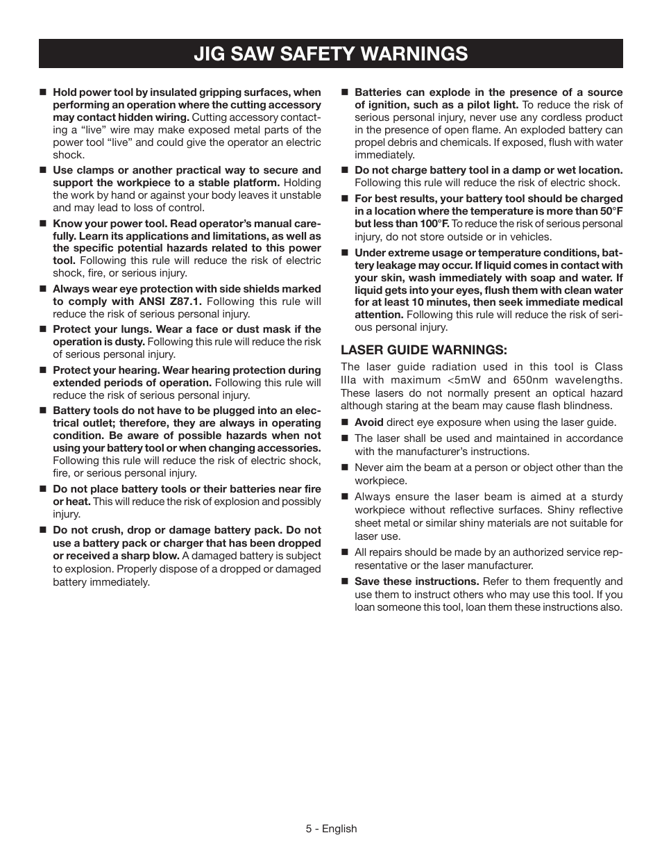 Jig saw safety warnings | Ryobi P521 User Manual | Page 5 / 36