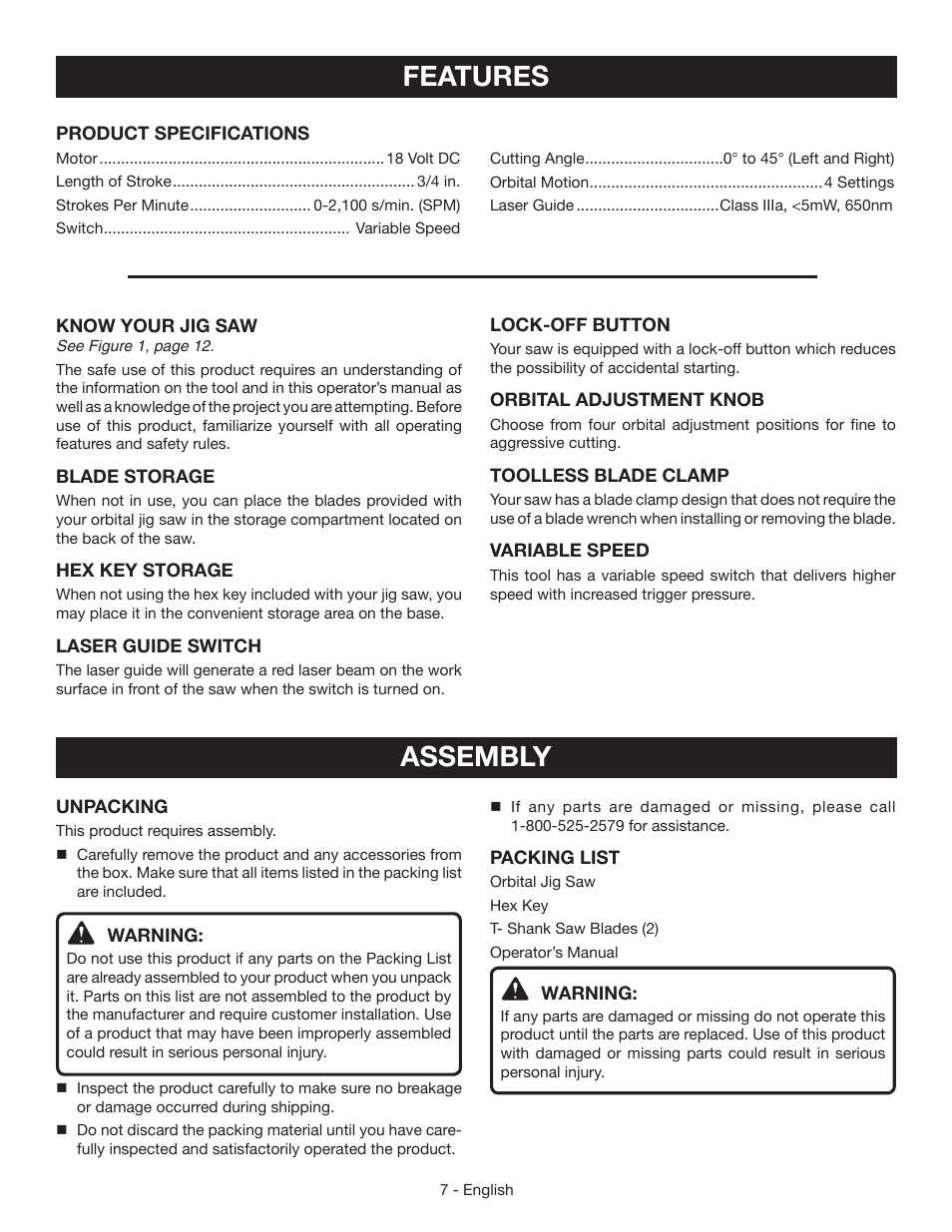 Features, Assembly | Ryobi P521 User Manual | Page 7 / 36