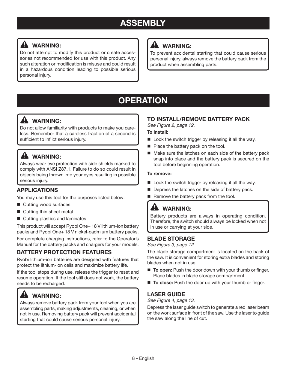 Assembly, Operation | Ryobi P521 User Manual | Page 8 / 36