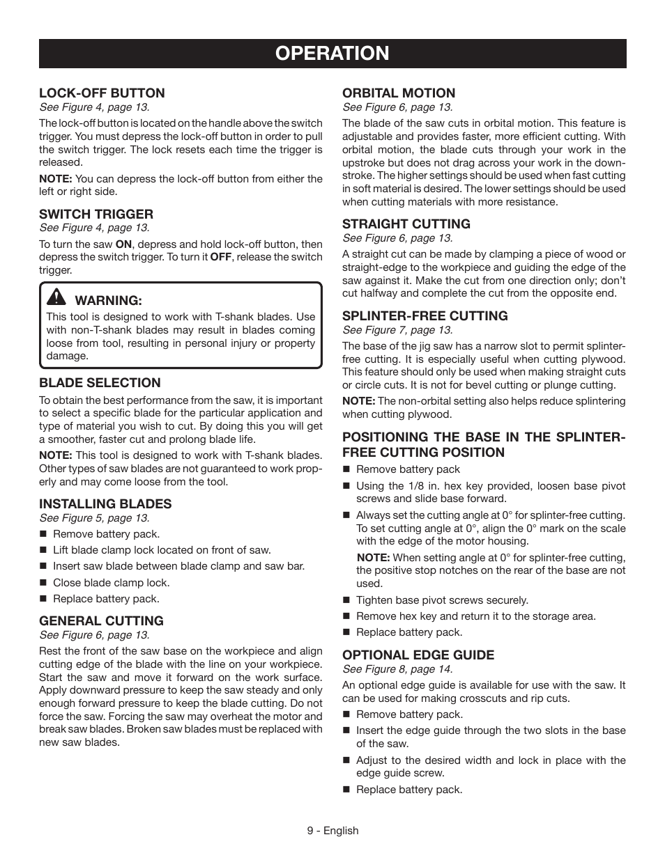 Operation | Ryobi P521 User Manual | Page 9 / 36