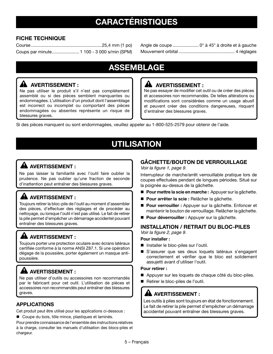 Caractéristiques, Assemblage, Utilisation | Ryobi P523 User Manual | Page 12 / 28