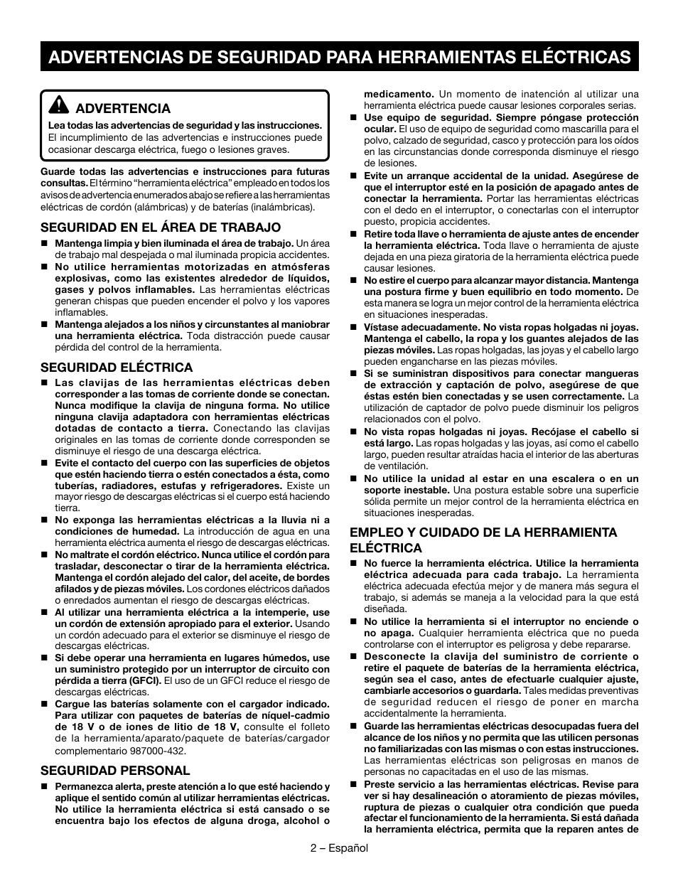 Advertencia | Ryobi P523 User Manual | Page 16 / 28