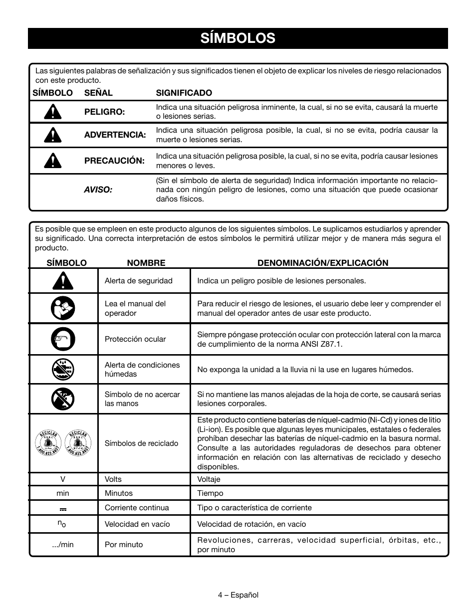 Símbolos | Ryobi P523 User Manual | Page 18 / 28