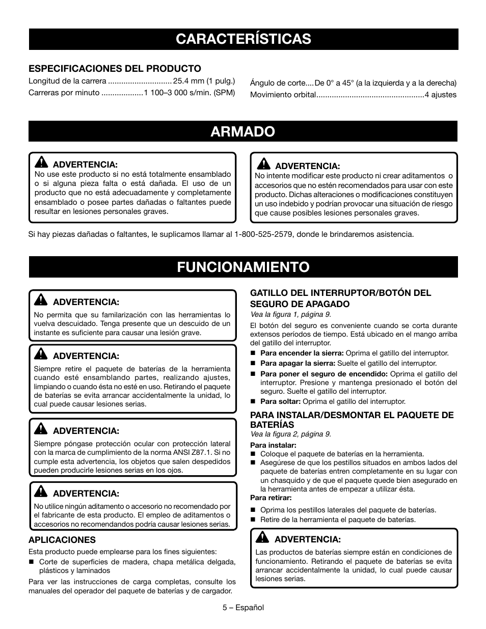 Características, Armado, Funcionamiento | Ryobi P523 User Manual | Page 19 / 28