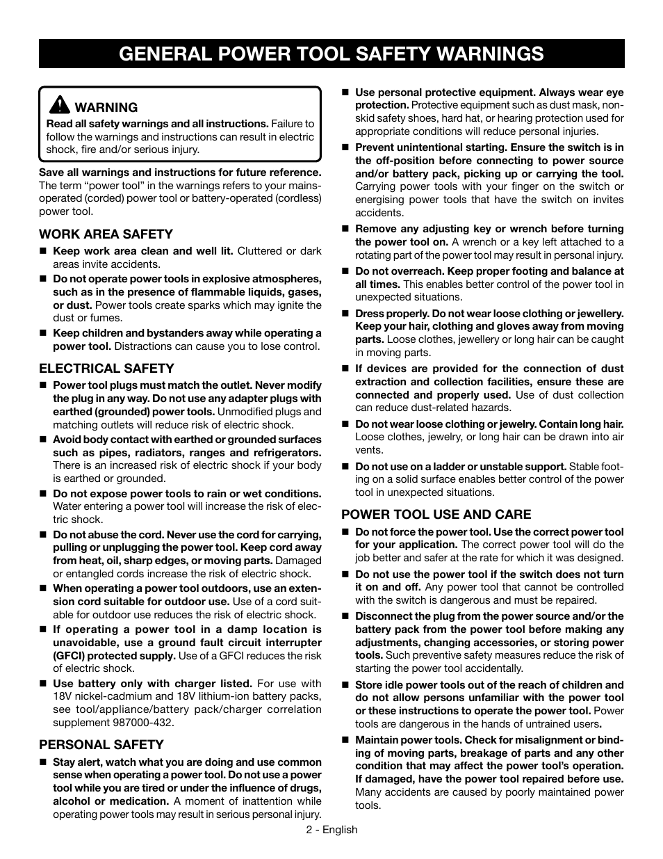 General power tool safety warnings | Ryobi P523 User Manual | Page 2 / 28