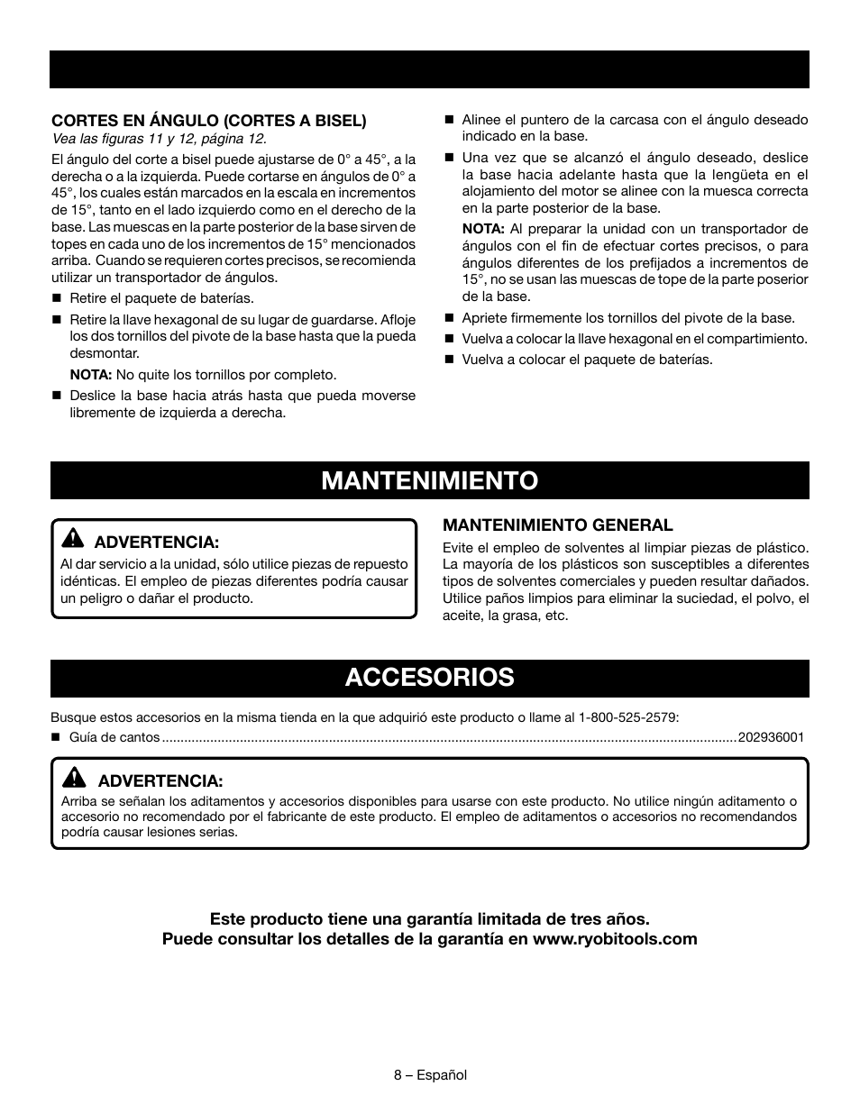 Mantenimiento, Accesorios | Ryobi P523 User Manual | Page 22 / 28