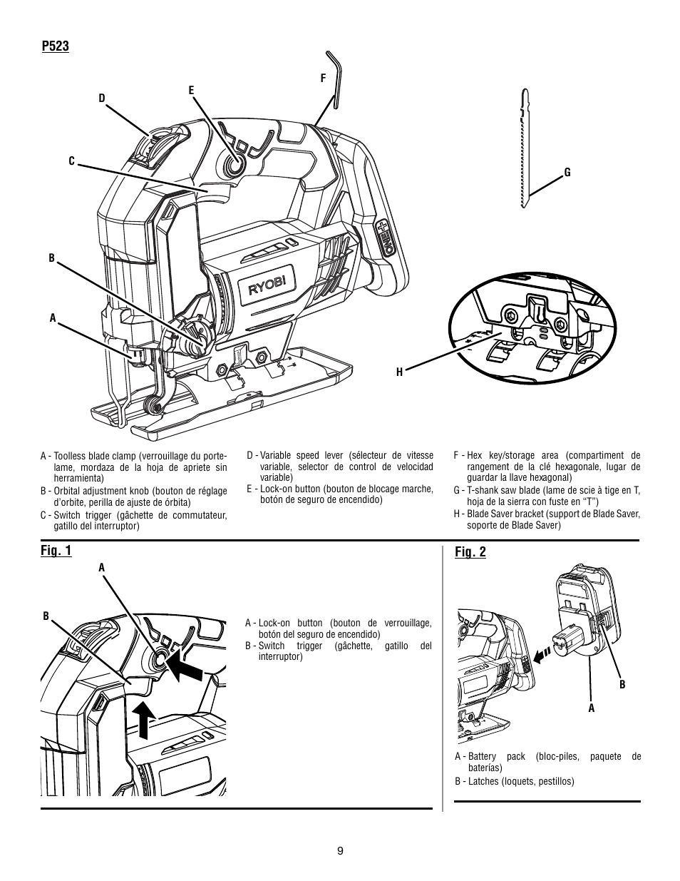 P523 fig. 1, Fig. 2 | Ryobi P523 User Manual | Page 23 / 28