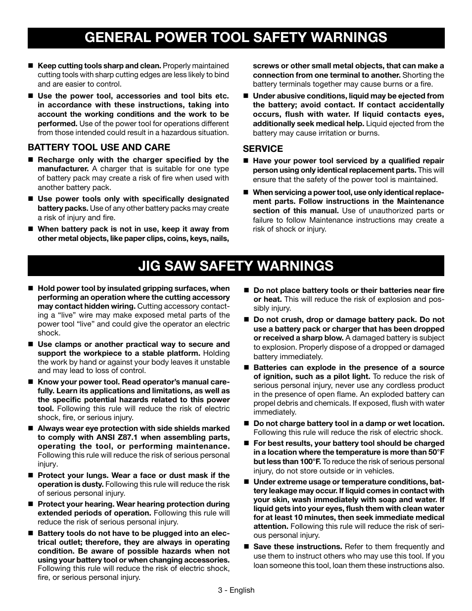 General power tool safety warnings, Jig saw safety warnings | Ryobi P523 User Manual | Page 3 / 28