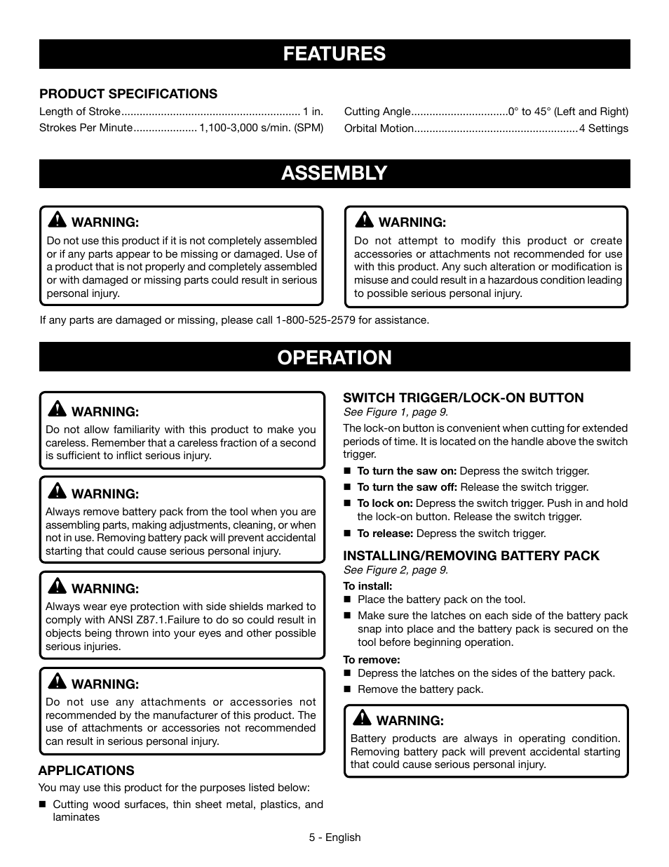 Features, Assembly, Operation | Ryobi P523 User Manual | Page 5 / 28