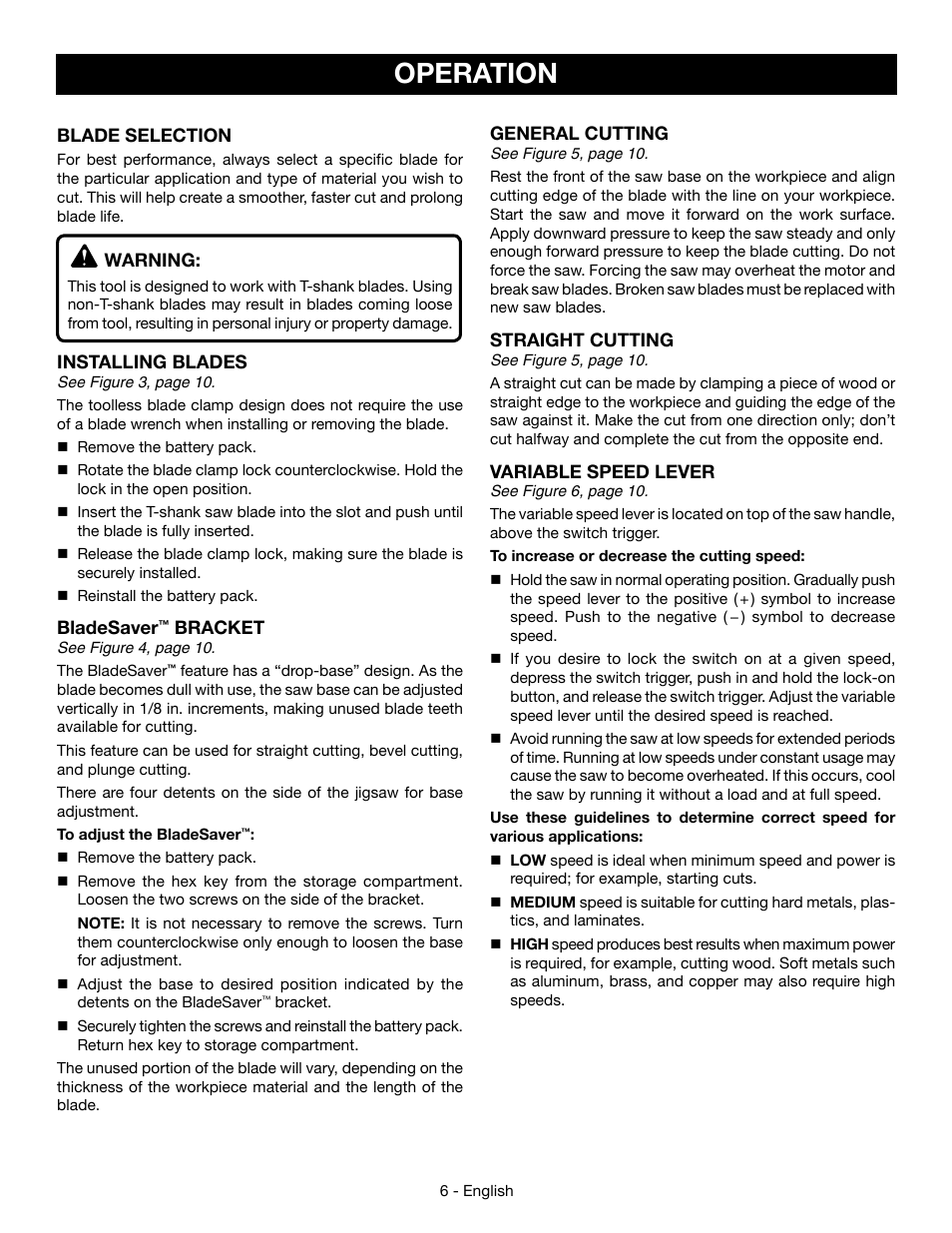 Operation | Ryobi P523 User Manual | Page 6 / 28