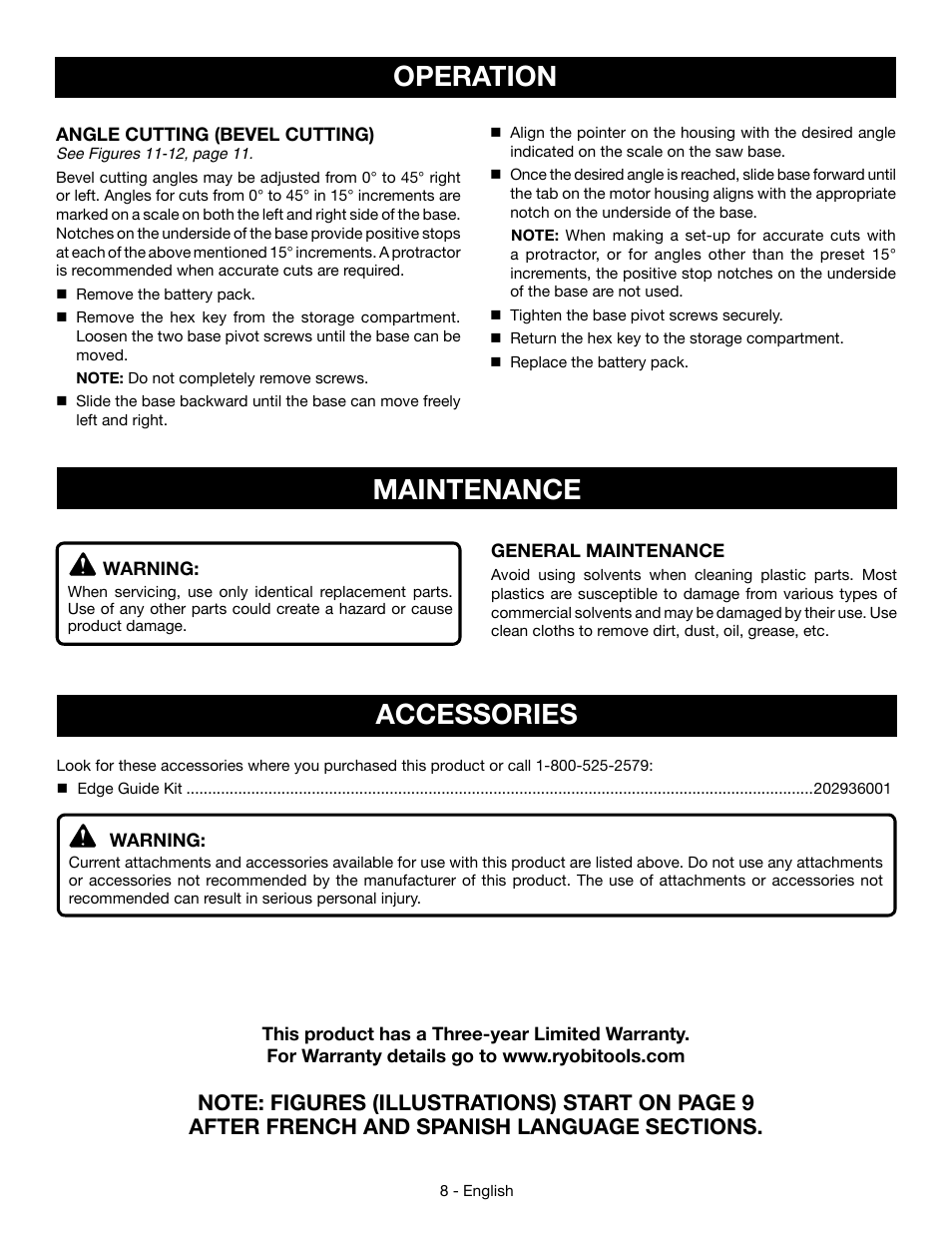 Operation, Accessories, Maintenance | Ryobi P523 User Manual | Page 8 / 28