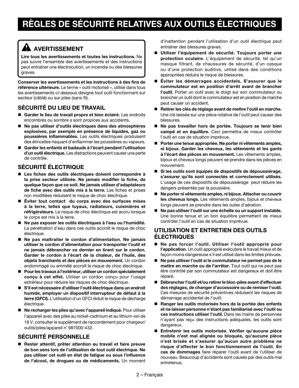 Avertissement | Ryobi P523 User Manual | Page 9 / 28