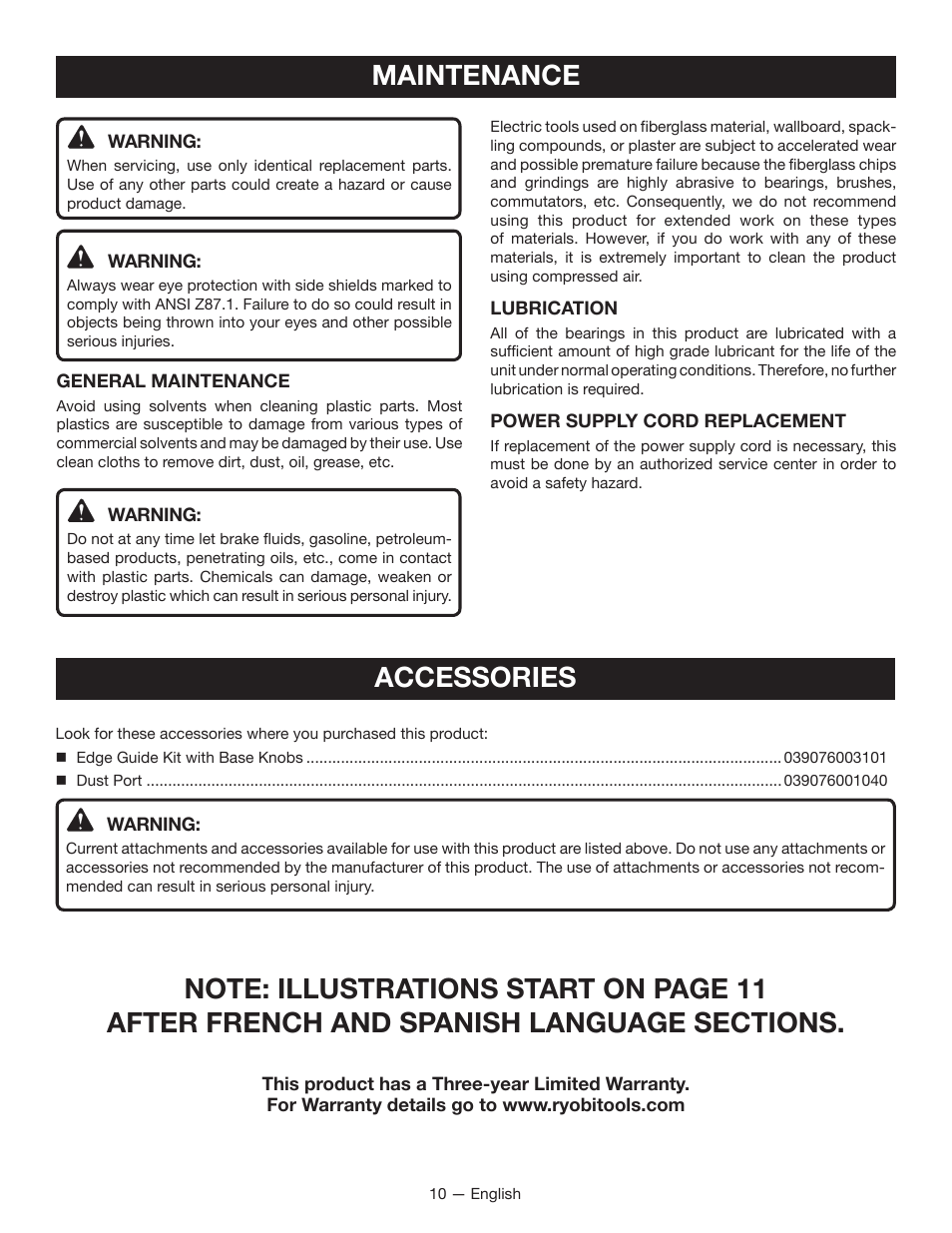 Maintenance, Accessories | Ryobi JS481L User Manual | Page 10 / 32