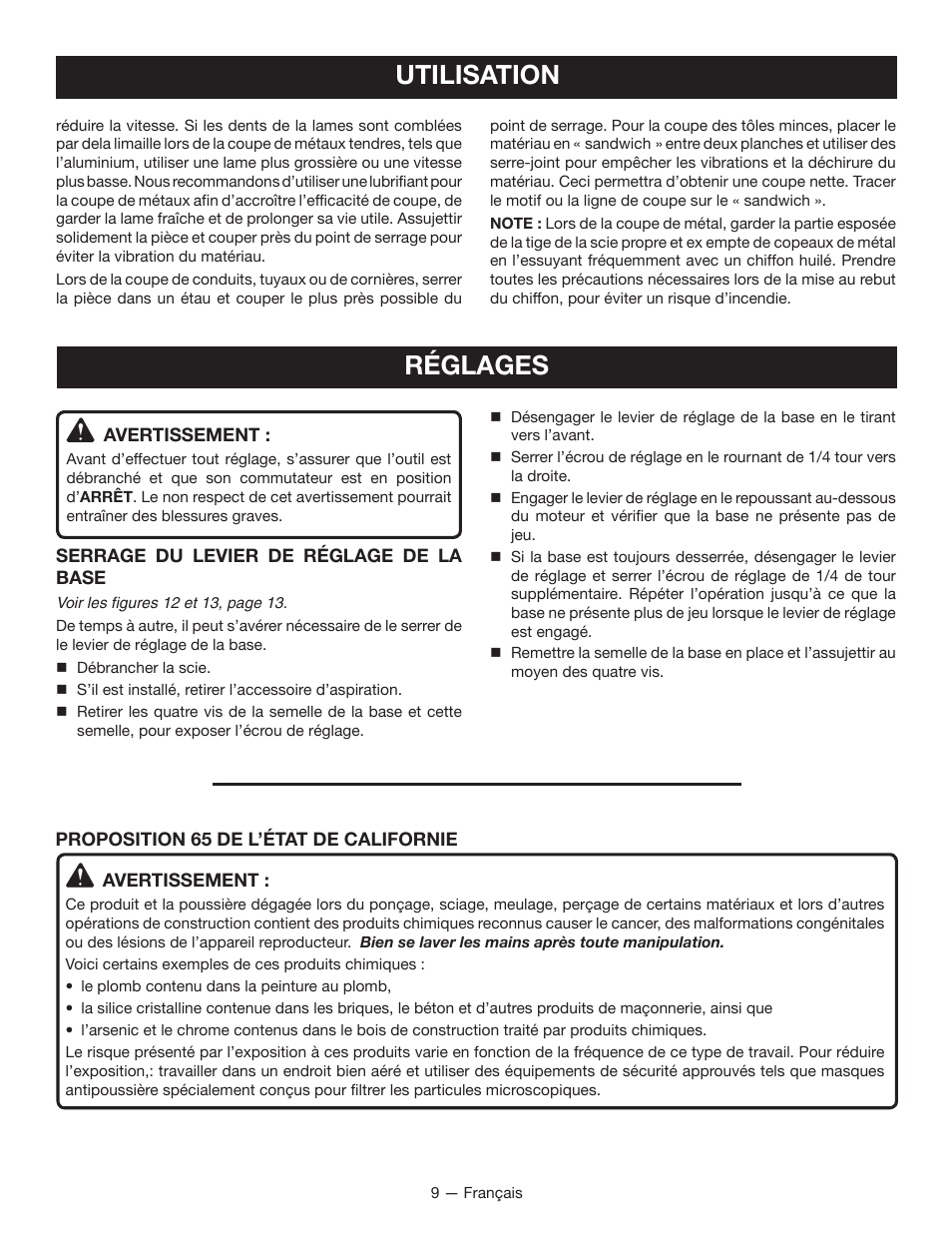 Utilisation, Réglages | Ryobi JS481L User Manual | Page 18 / 32