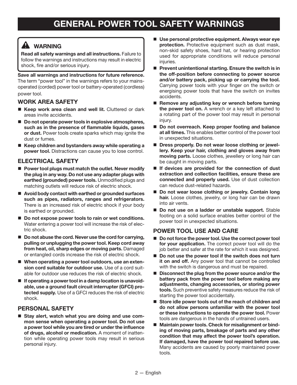 General power tool safety warnings | Ryobi JS481L User Manual | Page 2 / 32