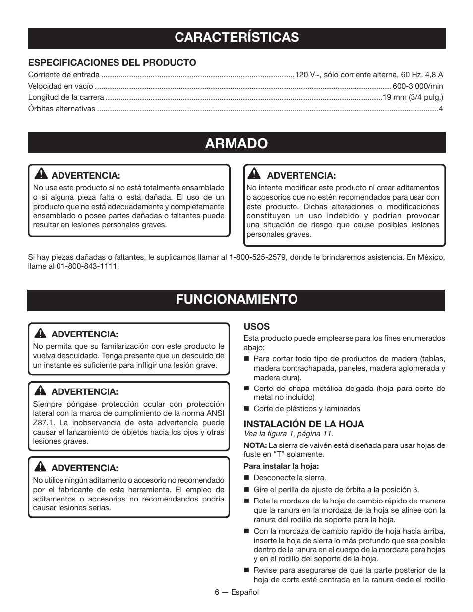 Armado, Características, Funcionamiento | Ryobi JS481L User Manual | Page 24 / 32