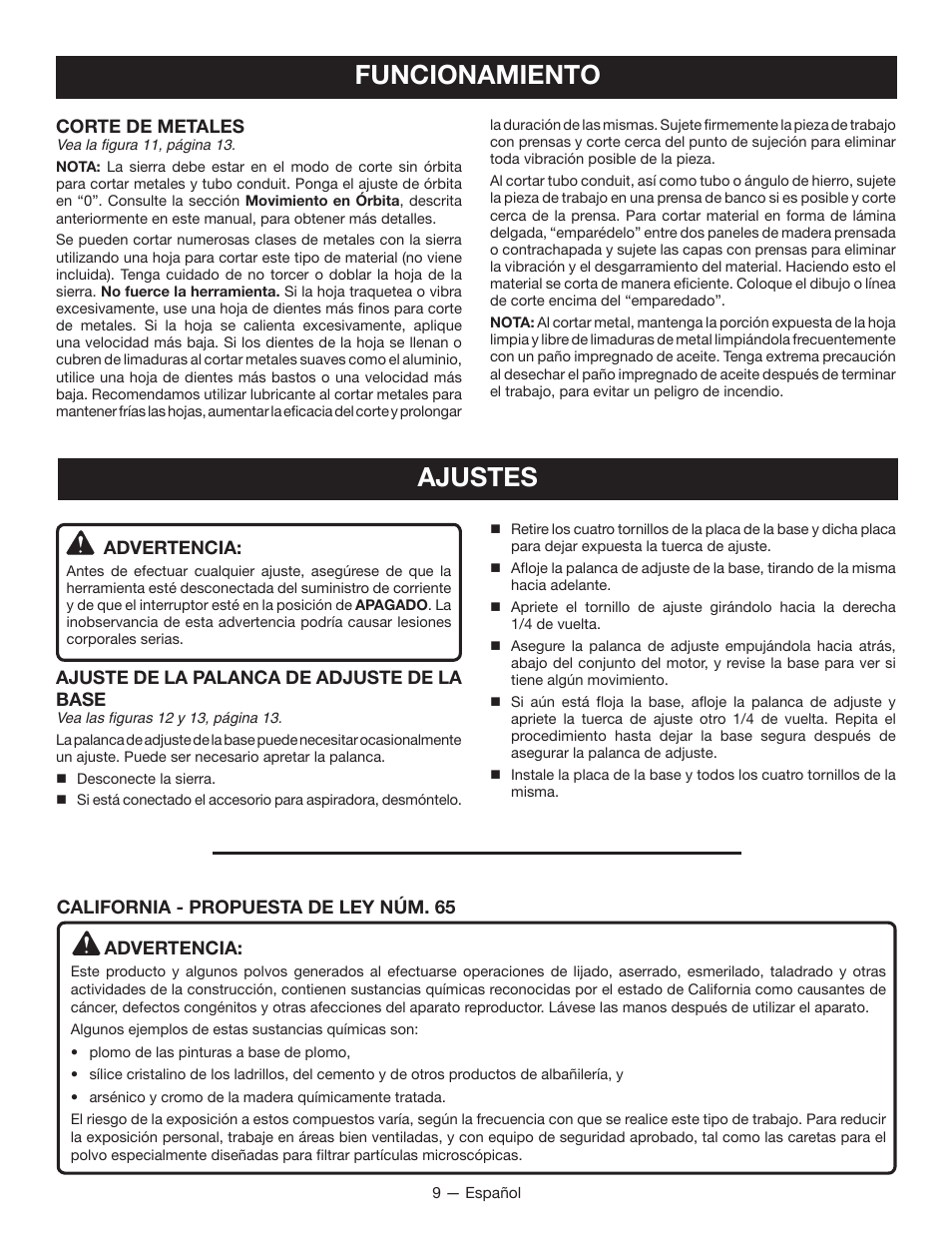 Funcionamiento, Ajustes | Ryobi JS481L User Manual | Page 27 / 32