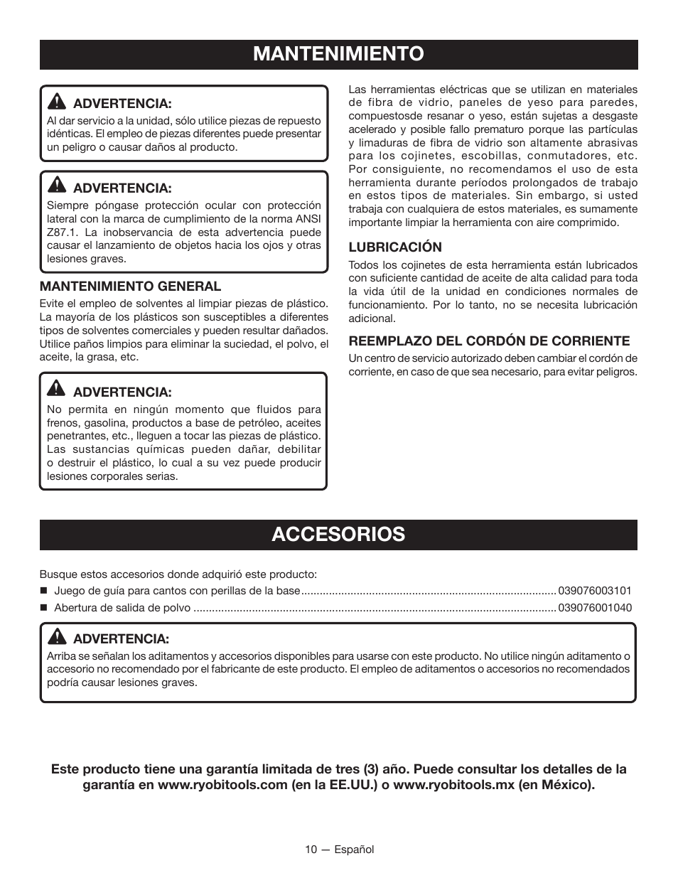 Accesorios, Mantenimiento | Ryobi JS481L User Manual | Page 28 / 32