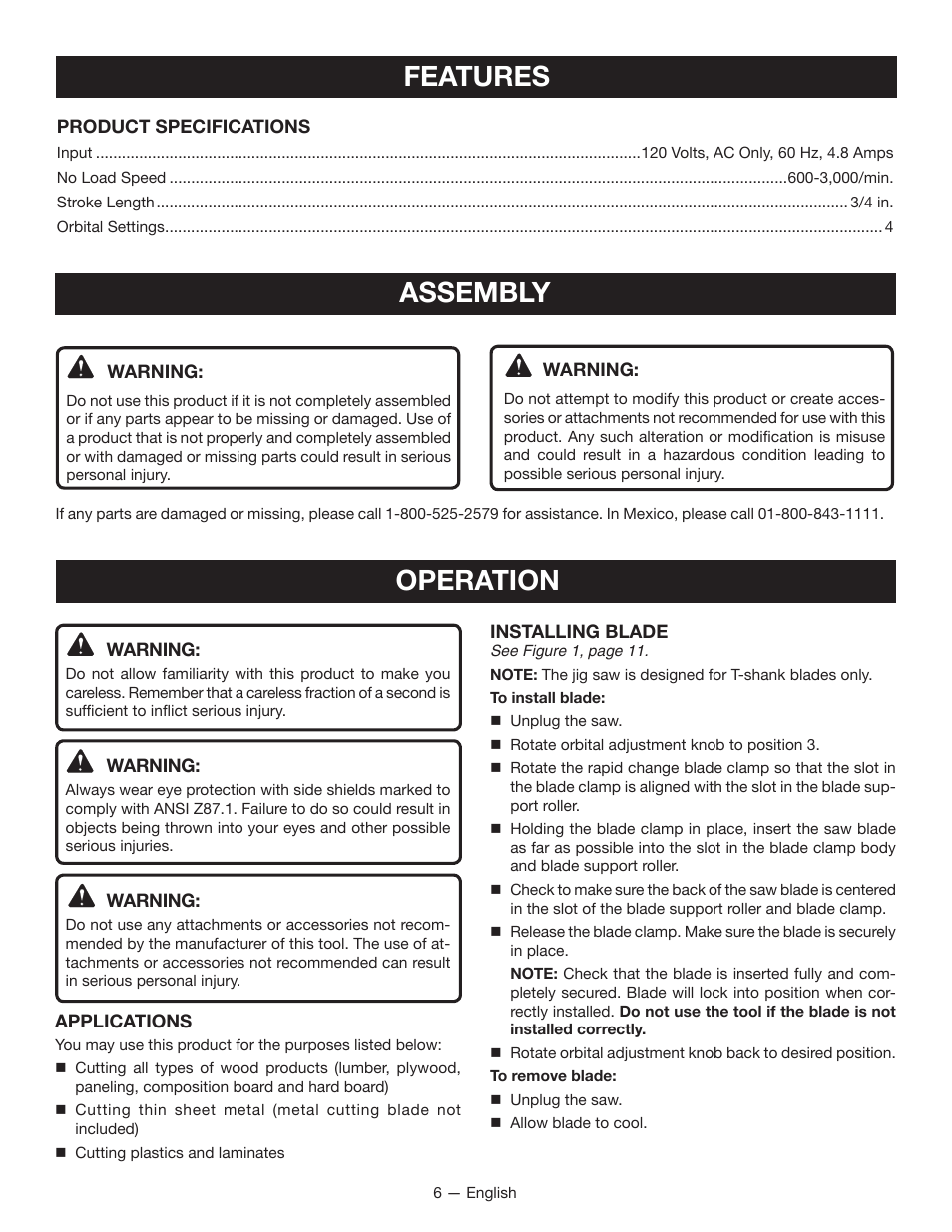 Features, Assembly, Operation | Ryobi JS481L User Manual | Page 6 / 32