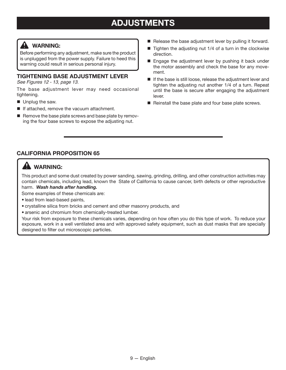 Adjustments | Ryobi JS481L User Manual | Page 9 / 32