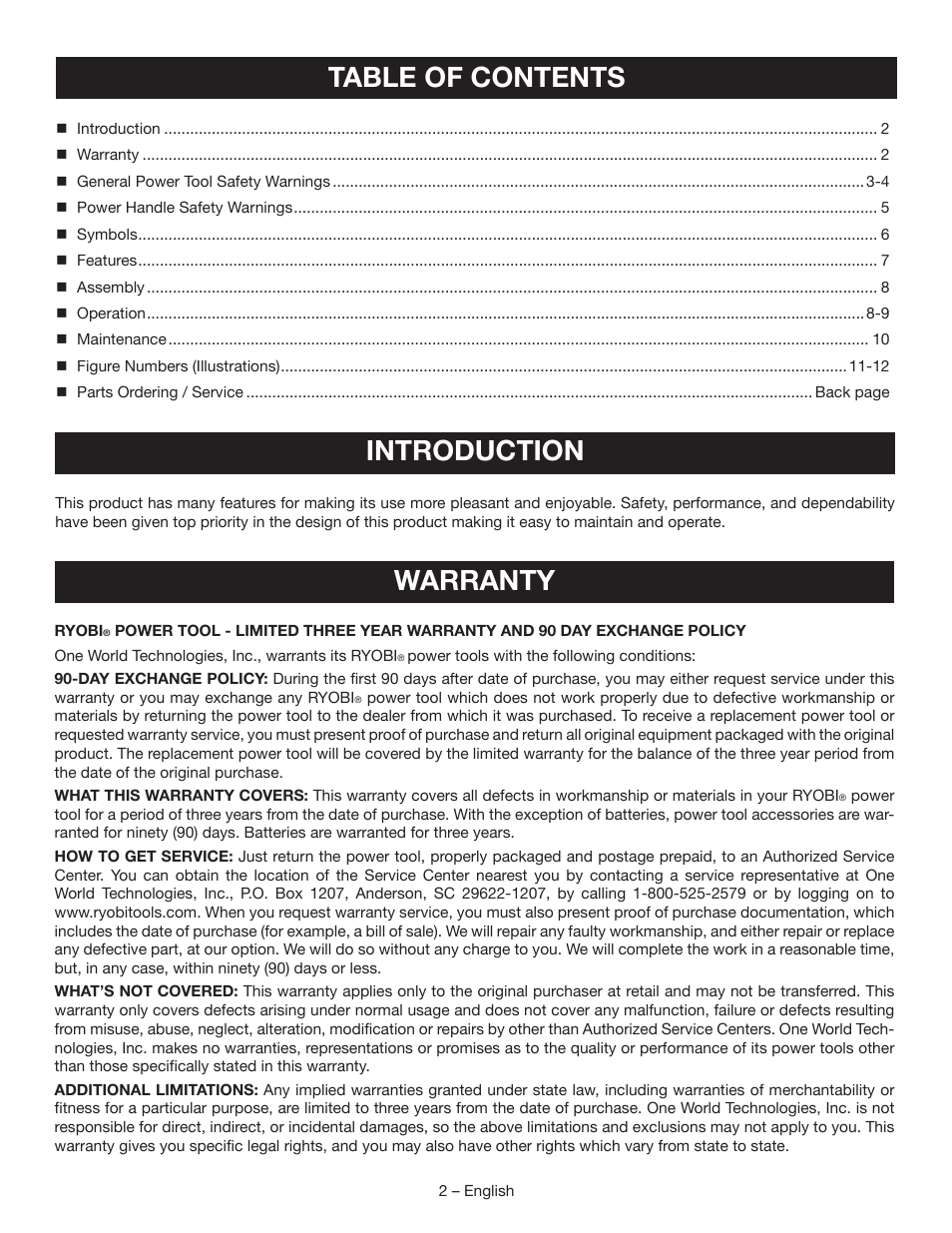 Table of contents introduction, Warranty | Ryobi P246 User Manual | Page 2 / 32