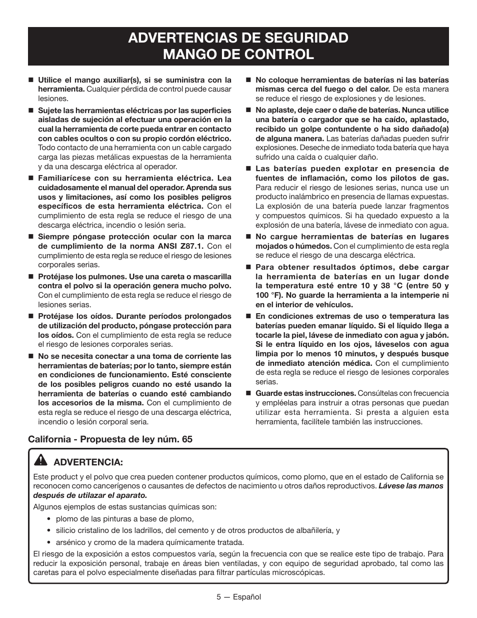 Advertencias de seguridad mango de control | Ryobi P246 User Manual | Page 23 / 32