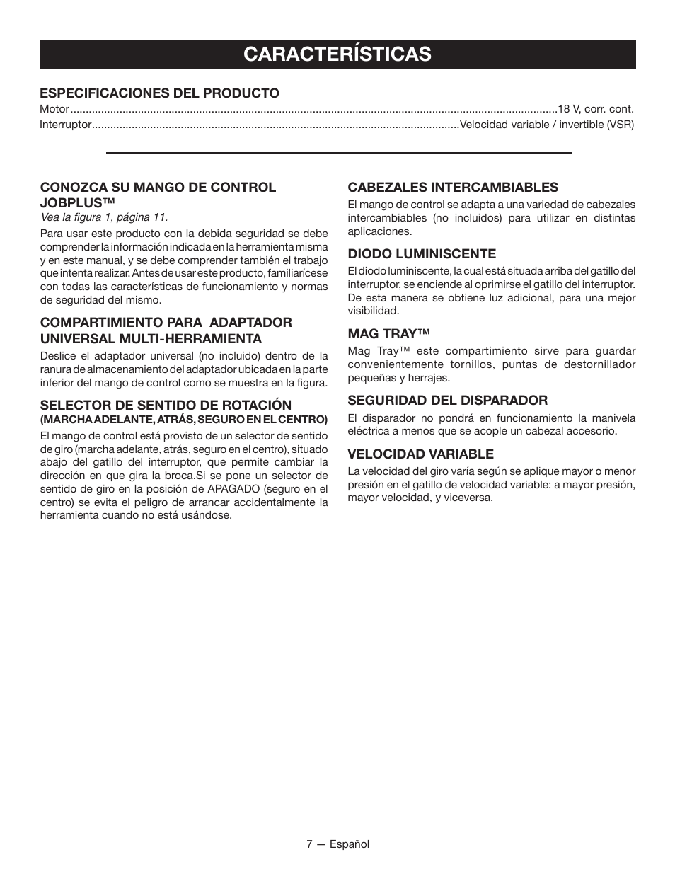 Características | Ryobi P246 User Manual | Page 25 / 32