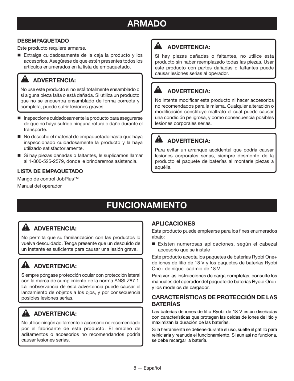 Armado, Funcionamiento | Ryobi P246 User Manual | Page 26 / 32