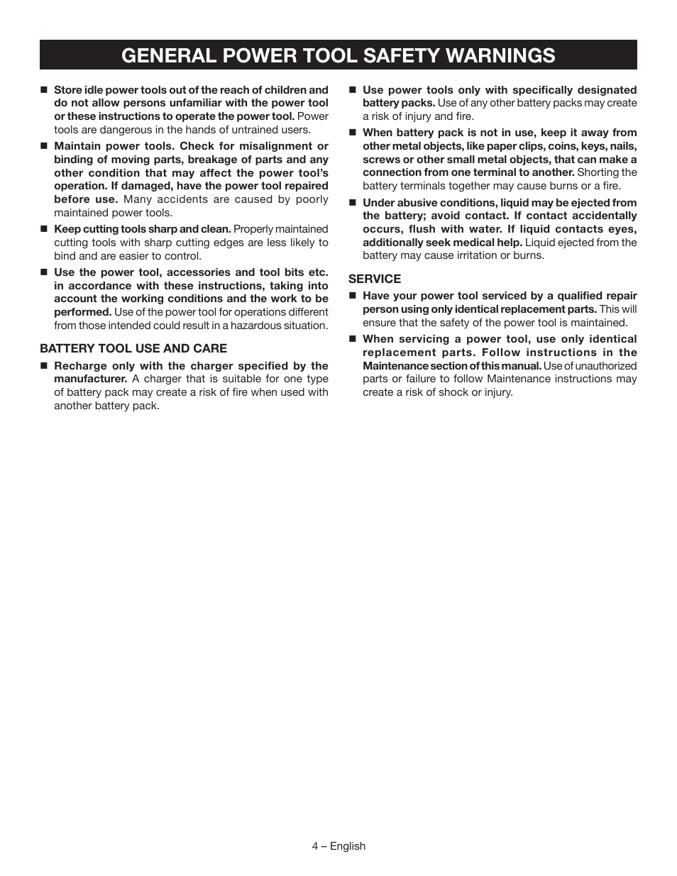 General power tool safety warnings | Ryobi P246 User Manual | Page 4 / 32
