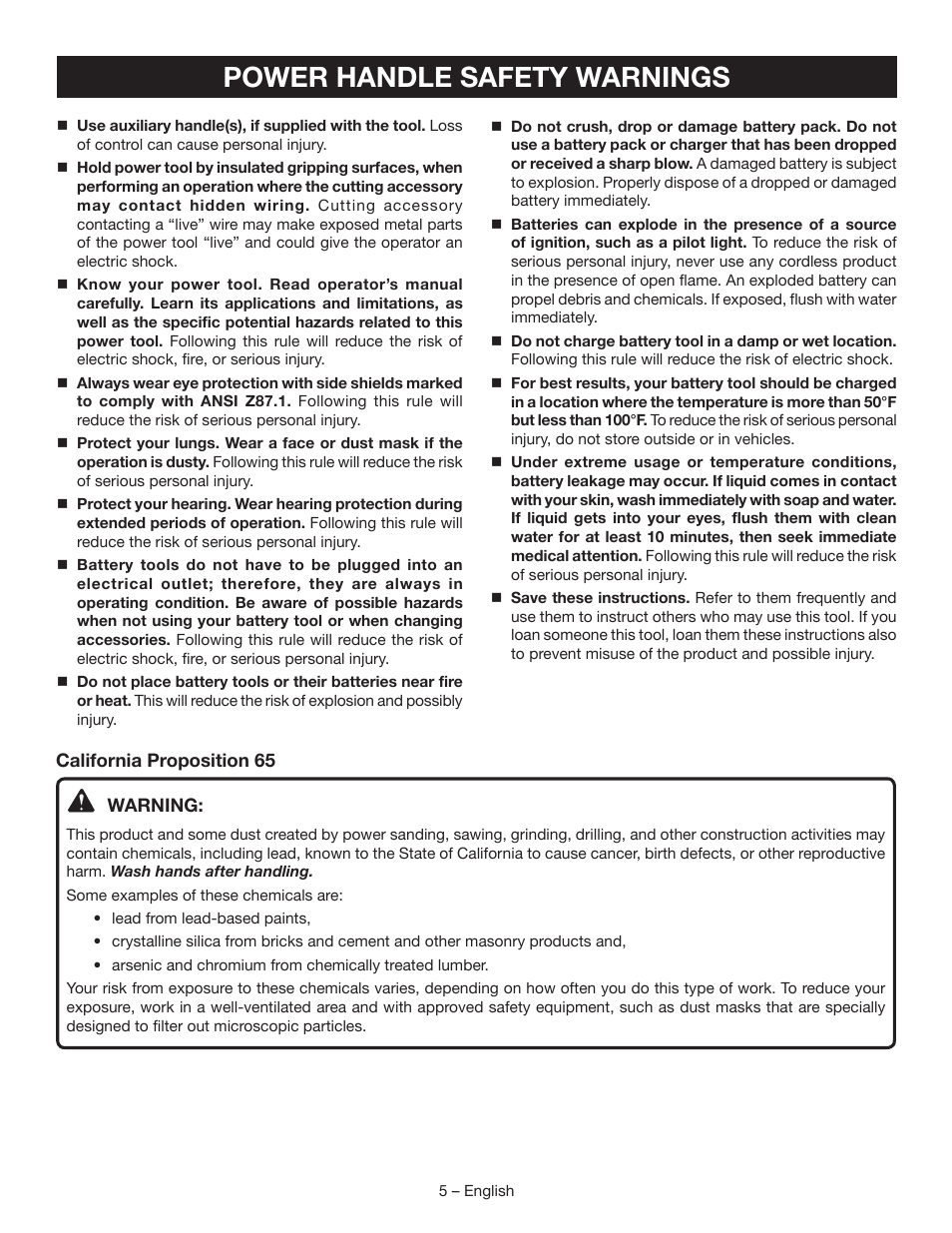 Power handle safety warnings | Ryobi P246 User Manual | Page 5 / 32