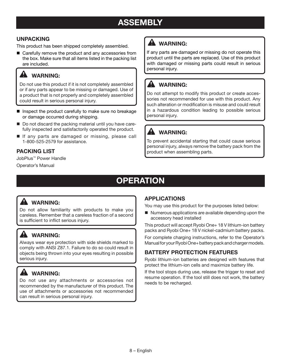 Operation, Assembly | Ryobi P246 User Manual | Page 8 / 32