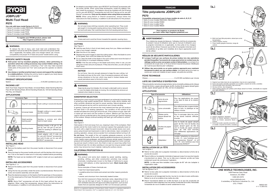 Ryobi P570 User Manual | 2 pages