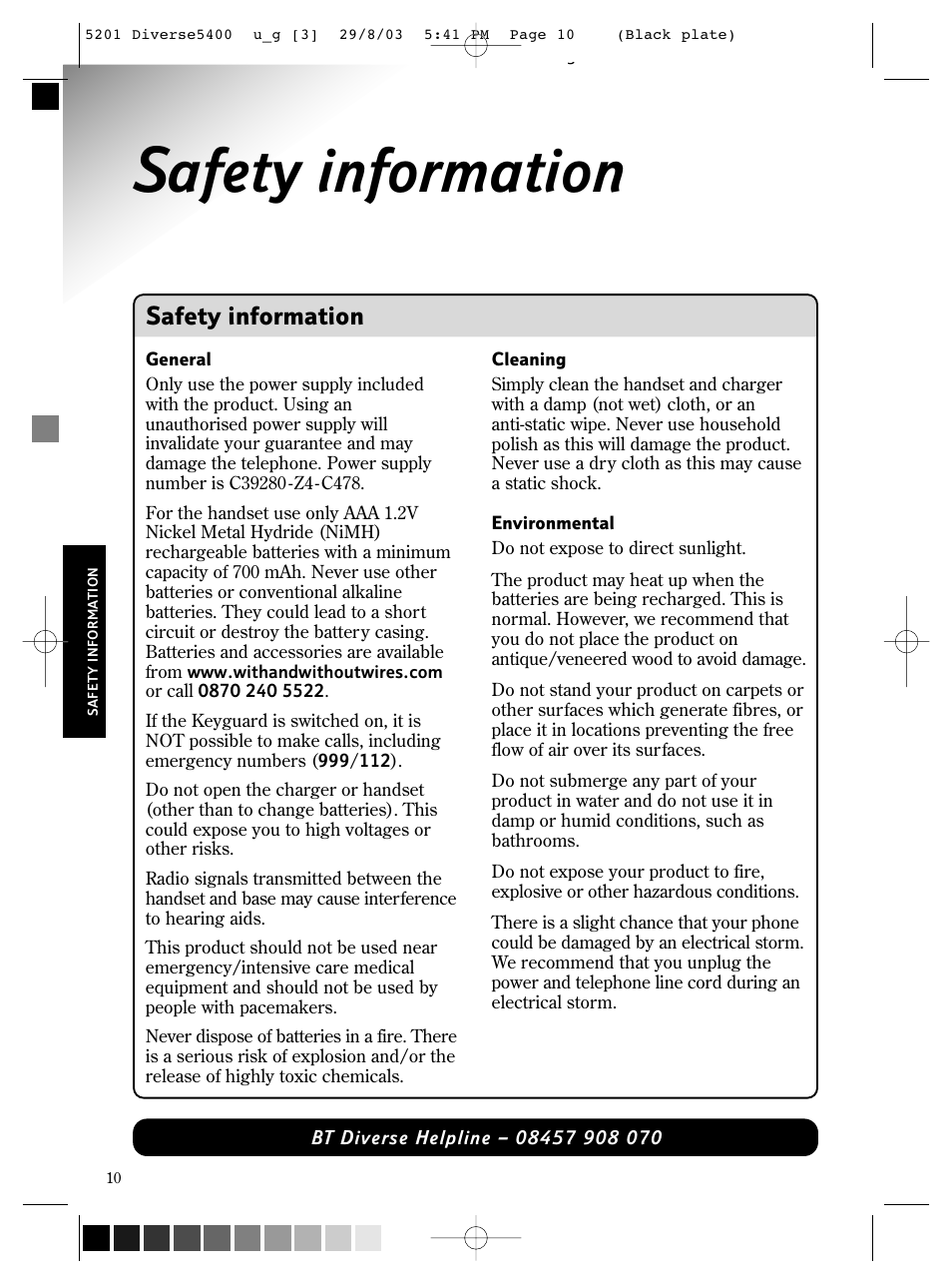 Safety information | BT DIVERSE 5400 User Manual | Page 12 / 65