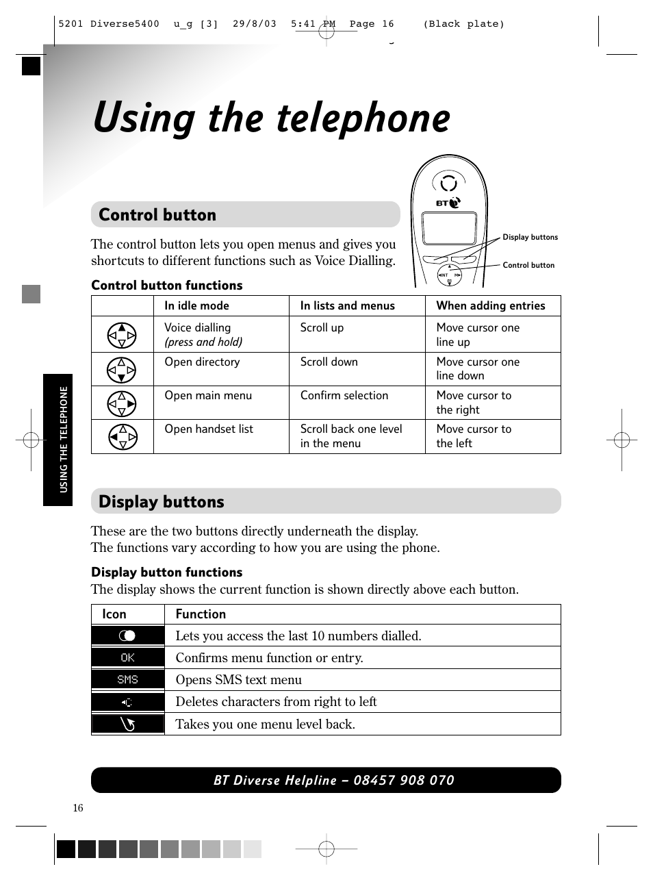 Using the telephone, Control button, Display buttons | BT DIVERSE 5400 User Manual | Page 18 / 65