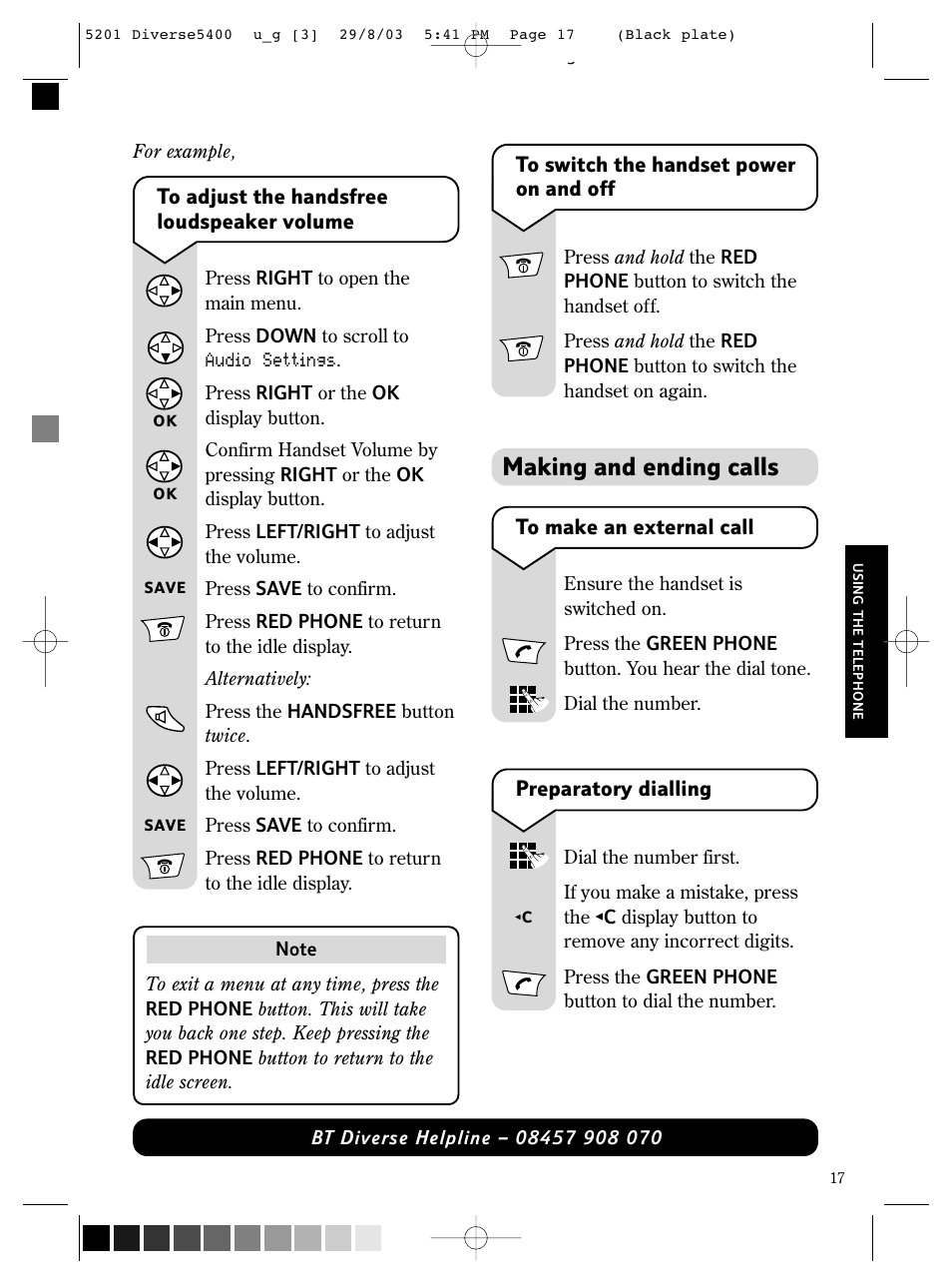 Making and ending calls | BT DIVERSE 5400 User Manual | Page 19 / 65