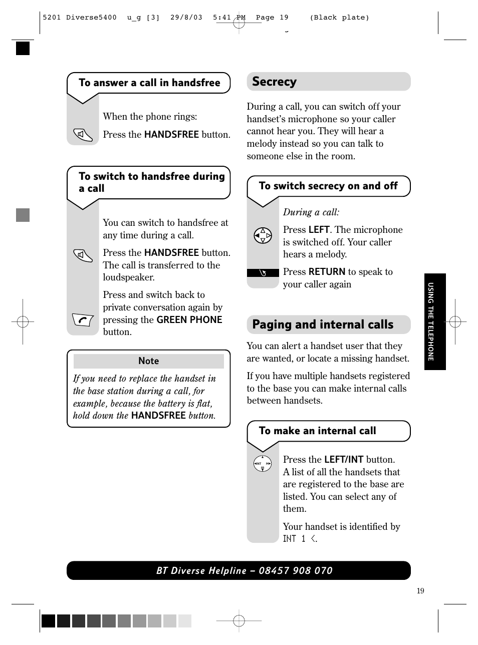 Secrecy, Paging and internal calls | BT DIVERSE 5400 User Manual | Page 21 / 65