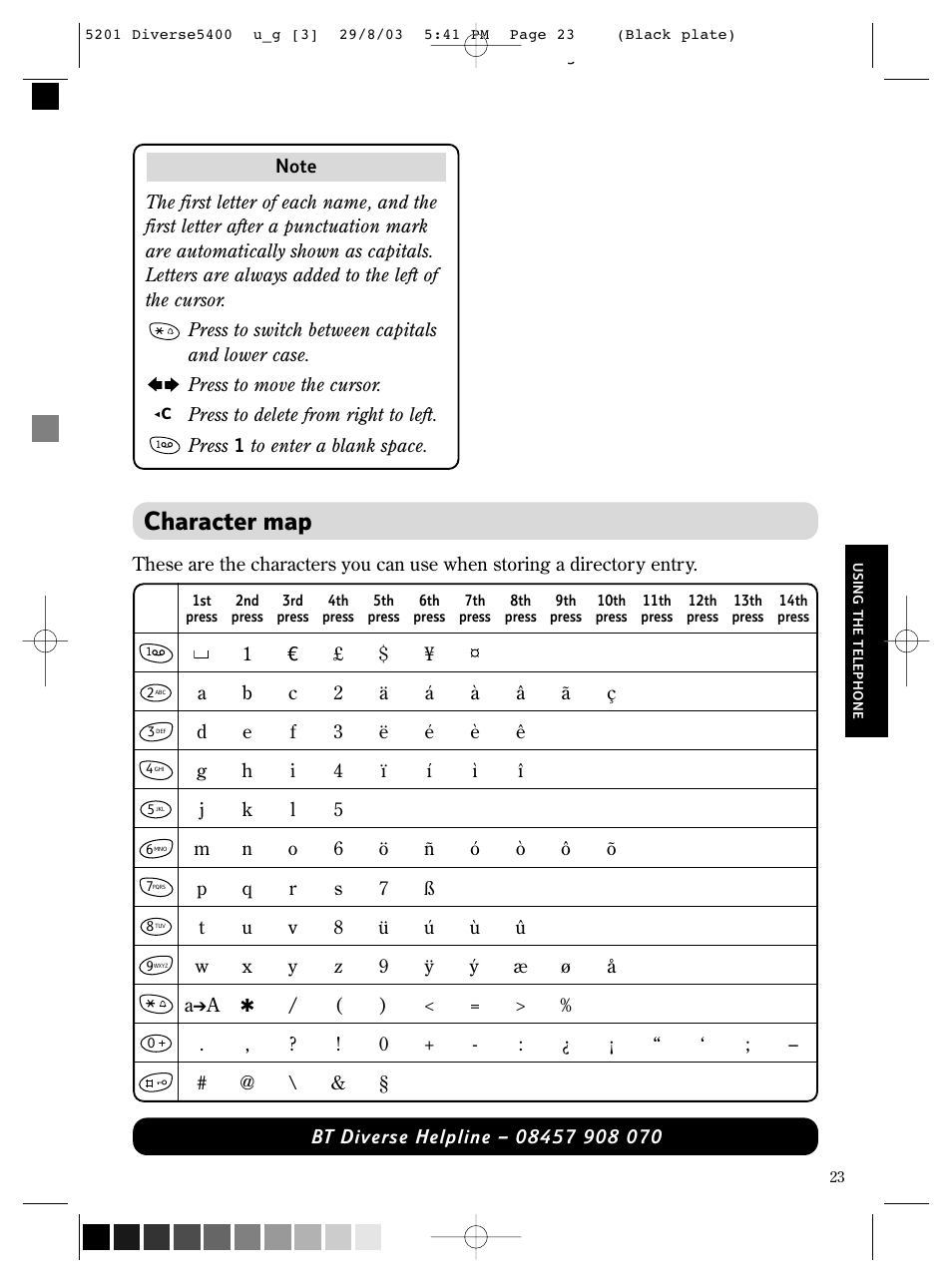 Character map | BT DIVERSE 5400 User Manual | Page 25 / 65