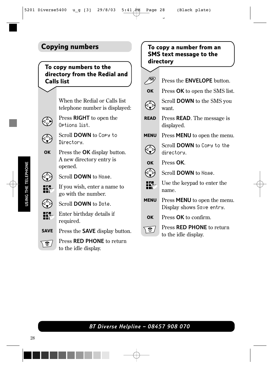 Copying numbers | BT DIVERSE 5400 User Manual | Page 30 / 65