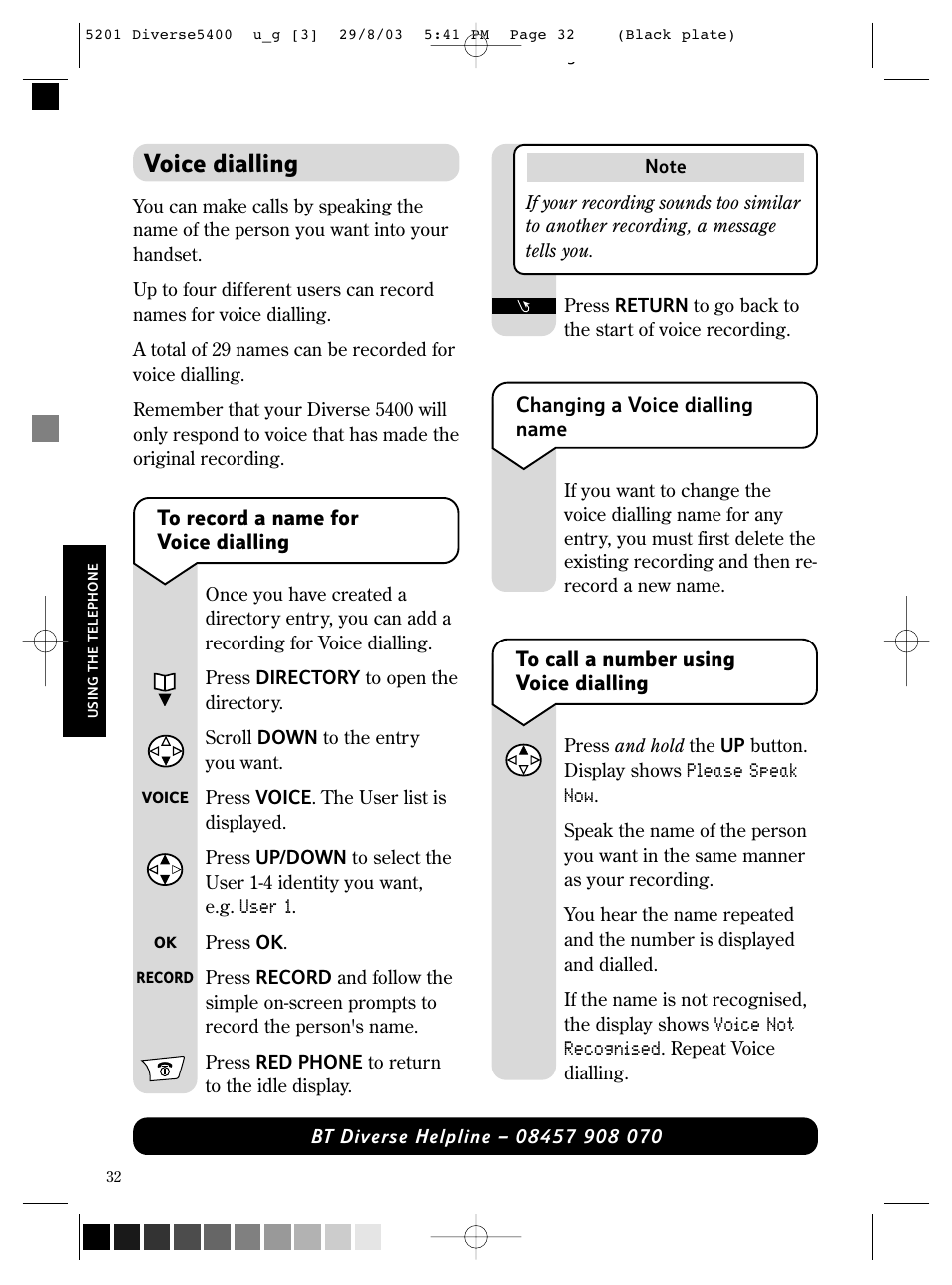 Voice dialling | BT DIVERSE 5400 User Manual | Page 34 / 65