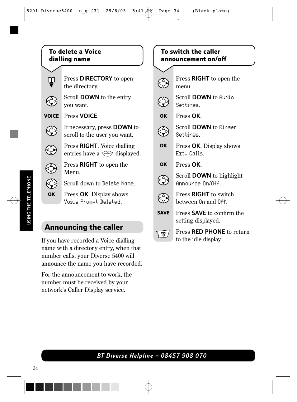 Announcing the caller | BT DIVERSE 5400 User Manual | Page 36 / 65