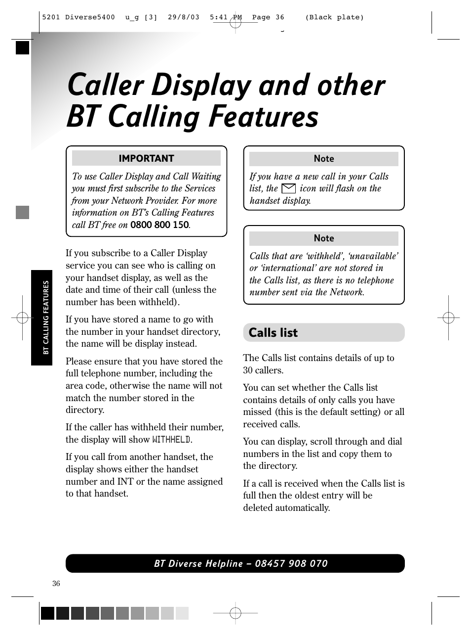 Caller display and other bt calling features, Calls list | BT DIVERSE 5400 User Manual | Page 38 / 65