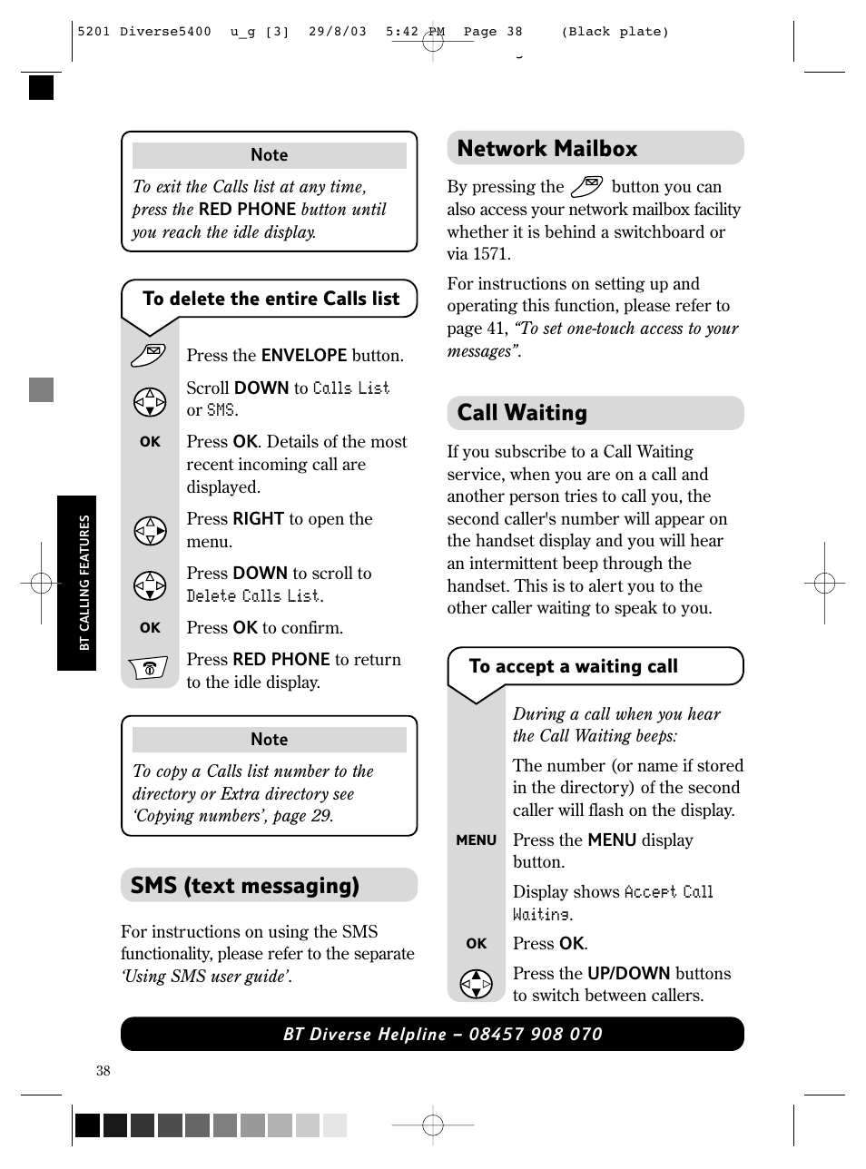 Call waiting, Sms (text messaging), Network mailbox | BT DIVERSE 5400 User Manual | Page 40 / 65