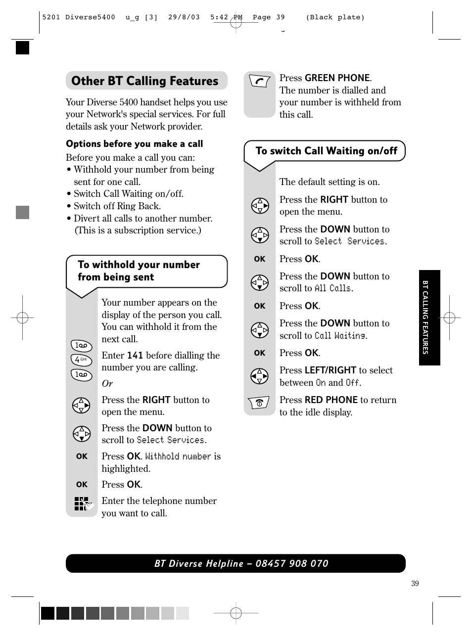 Other bt calling features | BT DIVERSE 5400 User Manual | Page 41 / 65