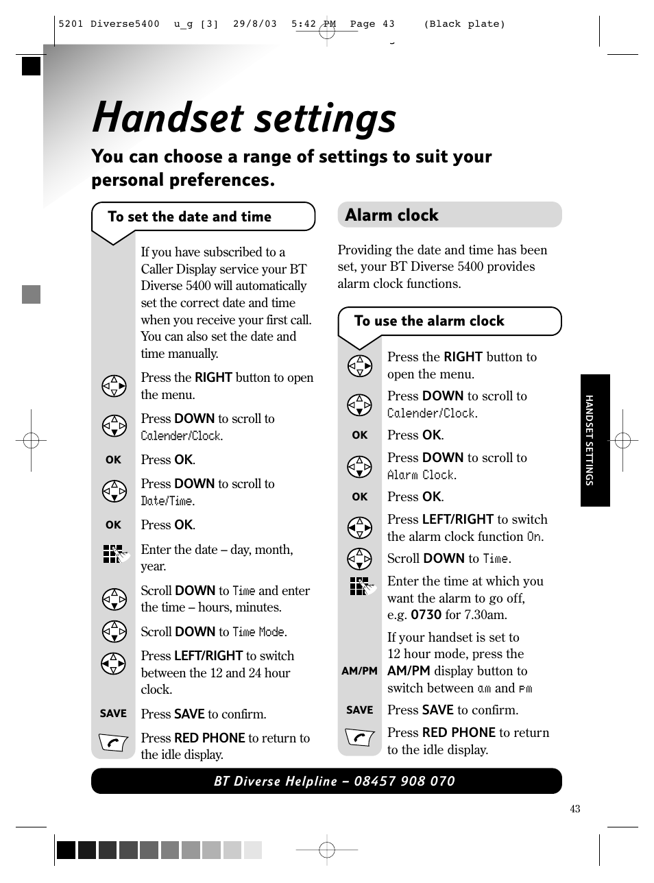 Handset settings, Alarm clock | BT DIVERSE 5400 User Manual | Page 45 / 65